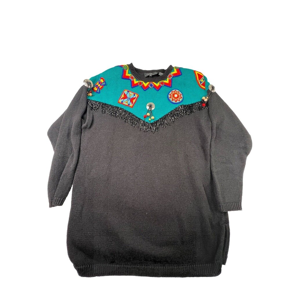 VINTAGE Carole Little Women Sweater M Aztec Navajo Embroidered Beaded Western